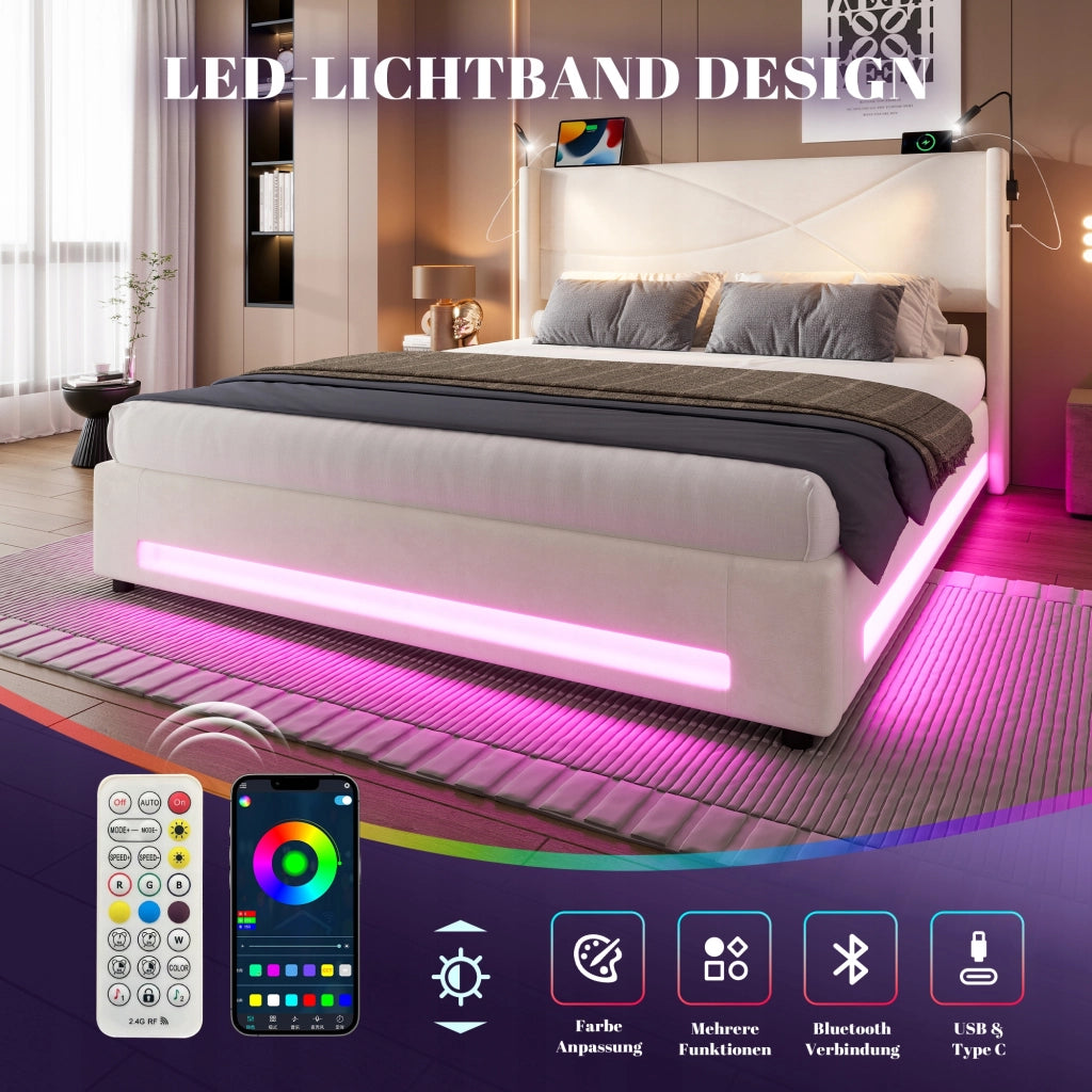 Letto imbottito moderno con LED - Xylo - 140x200 - Idraulico
