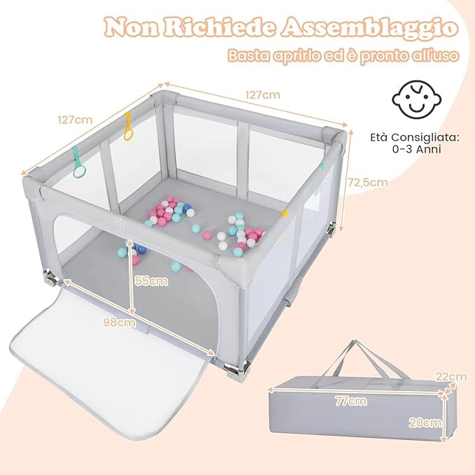 Box per Bambini 127 x 127 cm, Recinto per Bambini Pieghevole in Tessuto Oxford con Rete Traspirante, Box con Giochi che Include 50 Palline, 4 Pezzi Anelli e Borsa (Grigio, 127 x 127 cm)