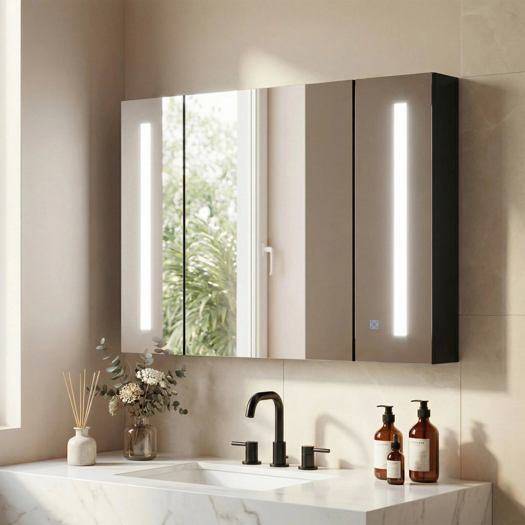 Armadietto con Specchio da Bagno a Parete in MDF con 3 Armadietti, 3 Ripiani e Luce LED, 90x15x65 cm, Nero