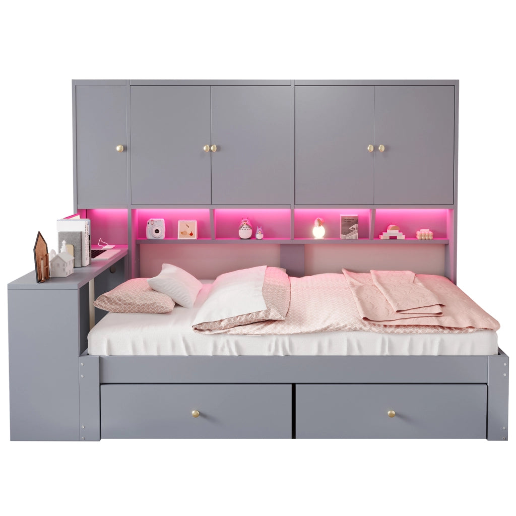 Letto per bambini 90x200 cm con scrivania; LED e prese; 2 cassetti e vani contenitore; MDF grigio