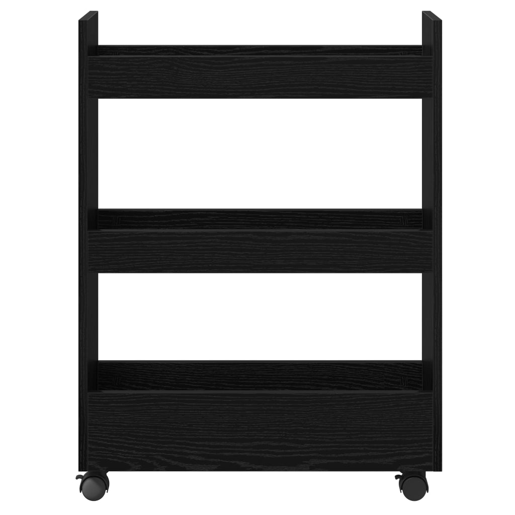 Carrello di Stoccaggio Stretto a 3 Ripiani in Rovere Nero Legno Ingegnerizzato