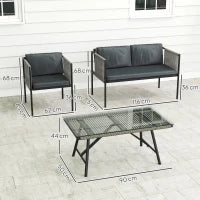 Set Salotto da Giardino in Rattan con 2 Poltrone, Divanetto 2 Posti e Tavolino da Caffè in Vetro, Grigio
