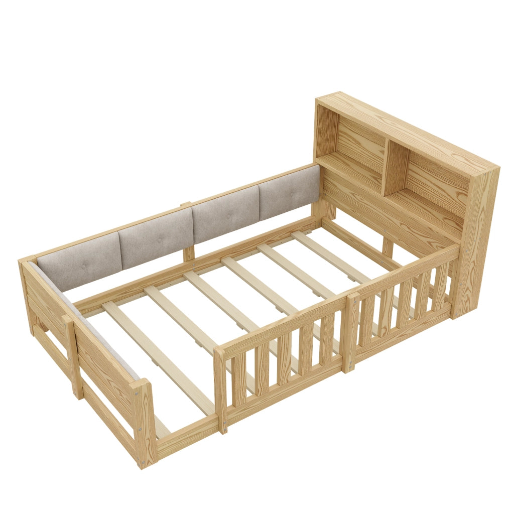 Letto per bambini 90x200 cm con sponde, LED e testiera contenitore naturale