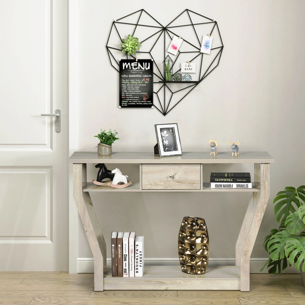 Tavolo con cassetto e 3 ripiani da studio e ufficio, Consolle per ingresso e salone multiuso 120x30x81cm Grigio