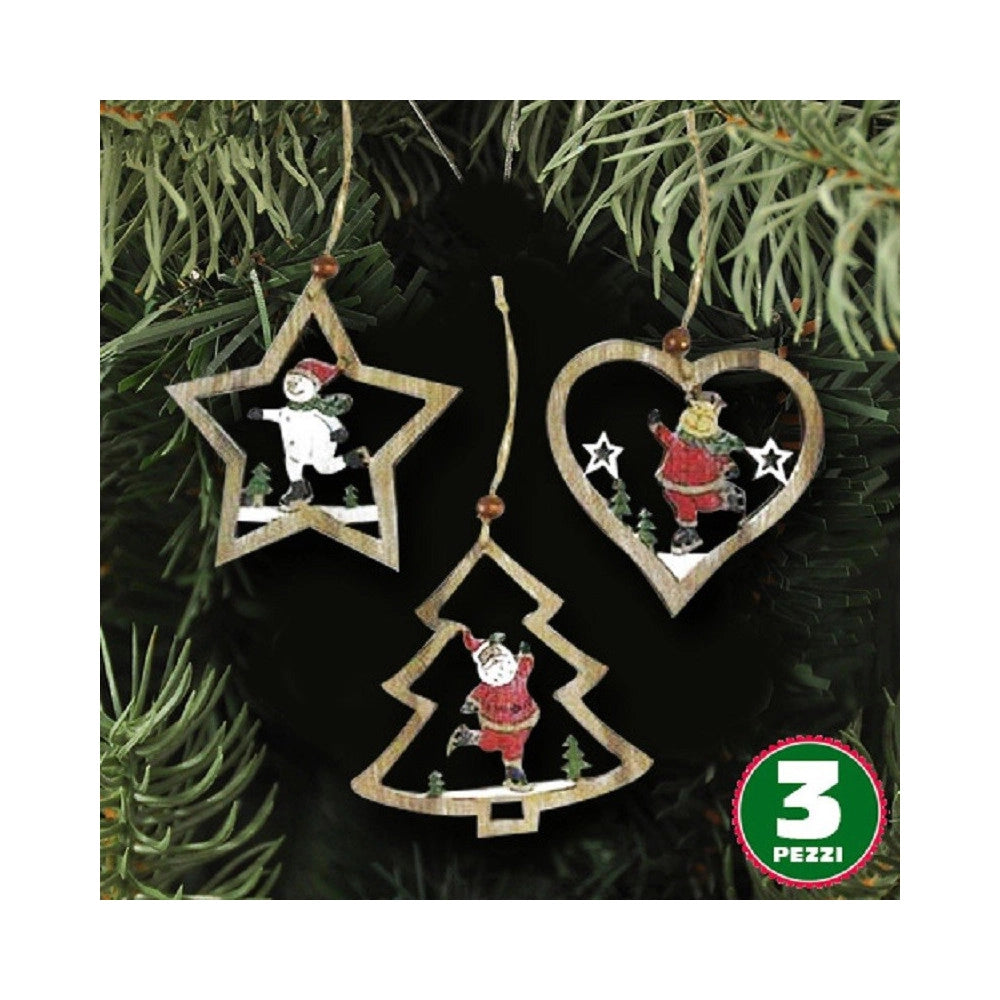 Trade Shop - 3pz Appendini Natale In Legno Forma Stella Albero Cuore Con Personaggio 10,5cm -