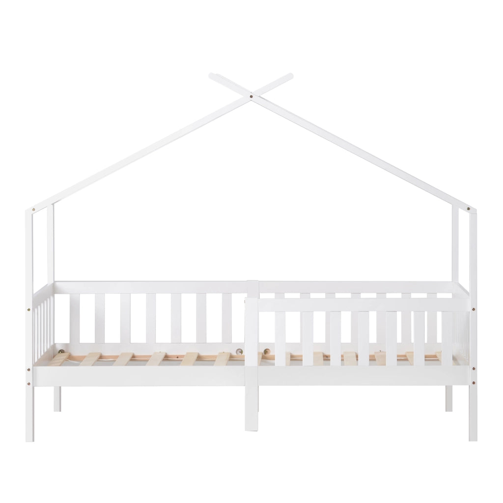 Letto Casetta 200 x 90 cm con Sponda e Rete a Doghe; in Legno Massello; Bianco