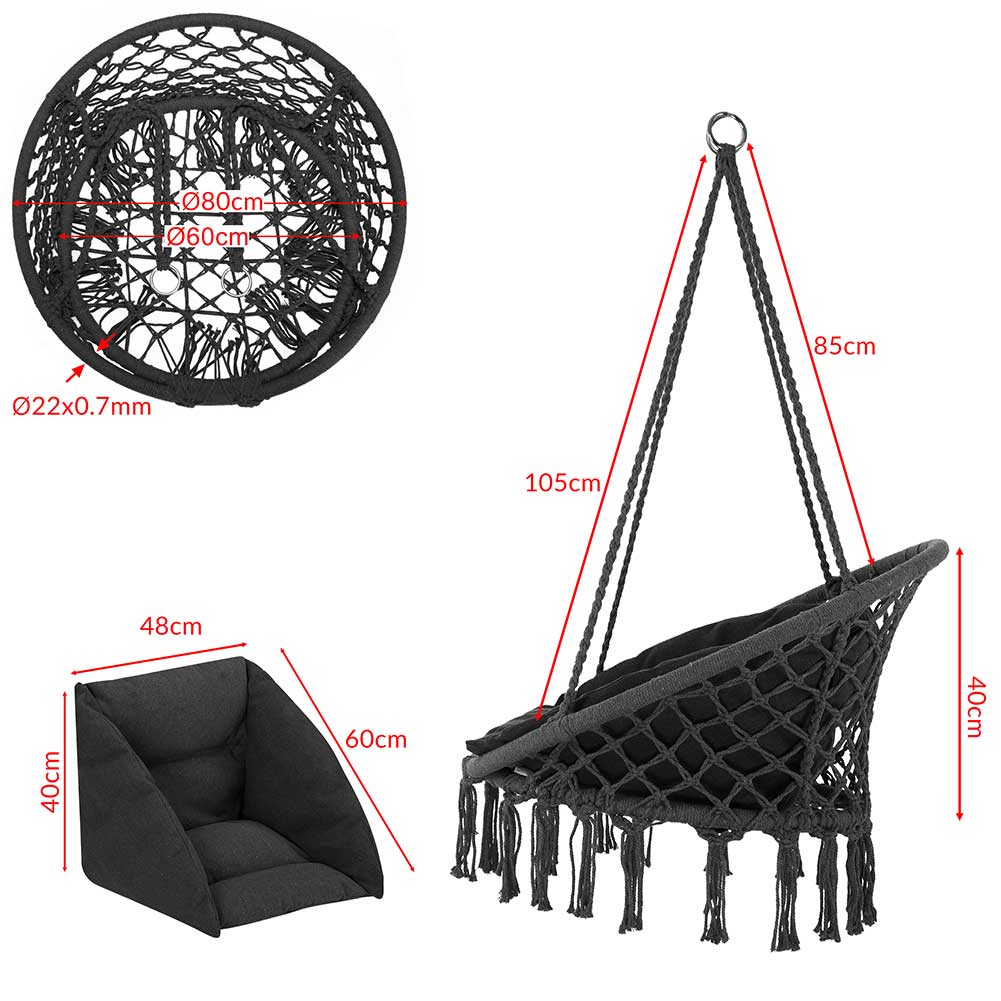 Poltrona Sospesa Giardino Tessuto Sedia Dondolo Pensile Amaca con Cuscino Grigio