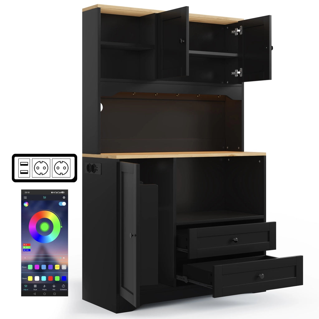 Mobile Dispensa 100x40x163 cm Nero con LED App, Vano Microonde, 2 Prese, 2 USB e 2 Cassetti