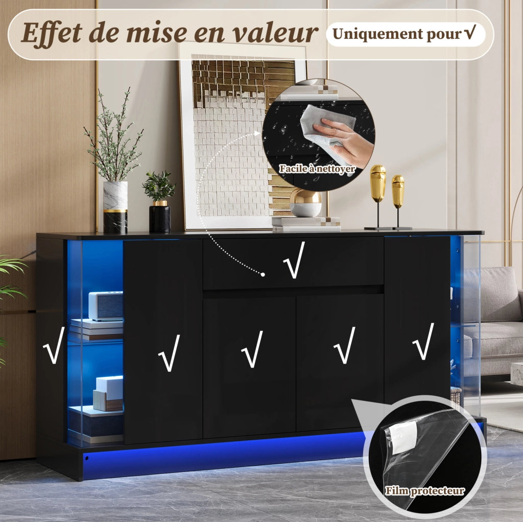 Credenza moderna con 2 vetrine in vetro; LED con app; 150x40x75 cm; nero