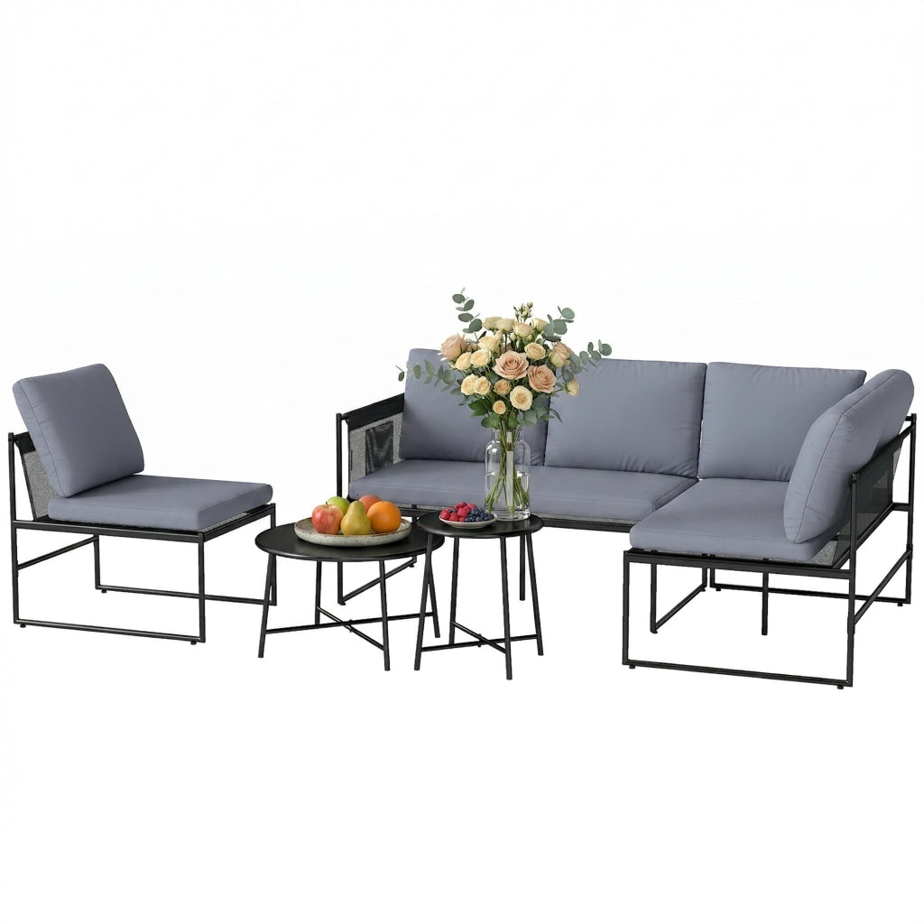 Set Lounge da Giardino 4-5 Persone ¨C zephmum ¨C Grigio, Polyrattan, Tessuto Lavabile