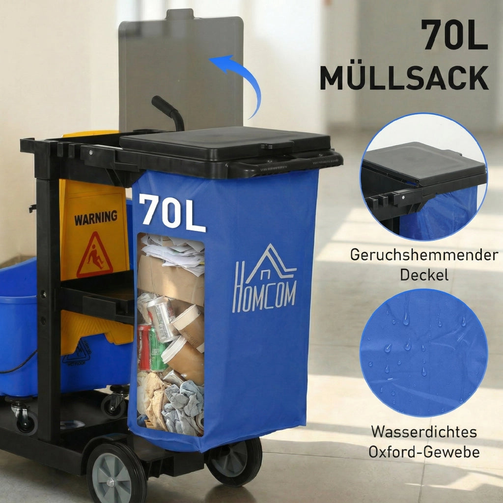 Carrello per pulizia con 3 ripiani, secchio strizzamop e sacco 70 litri ¨C zephmum ¨C Blu