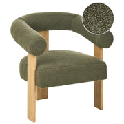 Poltrona verde e marrone chiaro con rivestimento in bouclé design retrò gambe in legno per soggiorno