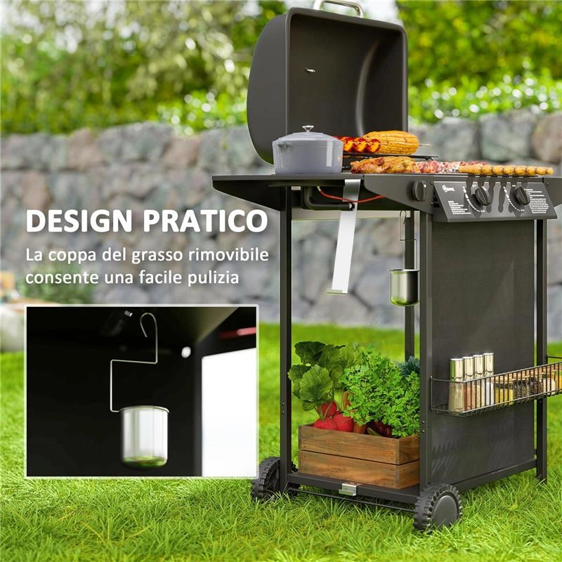 BARBECUE A GAS CON 3 BRUCIATORI INDIPENDENTI E COPERCHIO CON TERMOMETRO 108X54X97 CM NERO
