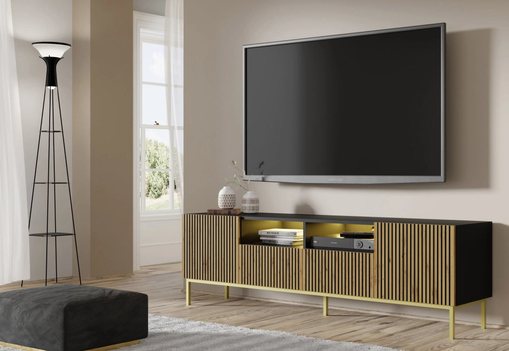 MOBILE RAVENNA F PORTA TV IN MDF VERNICIATO 2D2S 200 NERO OPACO ROVERE ARTIGIANALE STRUTTURA ORO