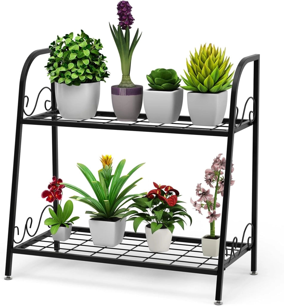 Scaffale Portafiori a 2 Ripiani, Porta Piante da Esterno e Interno a Scala, Scaffale Porta Vasi di Metallo per Balcone, Soggiorno e Giardino, 63 x 30,5 x 61,5 cm