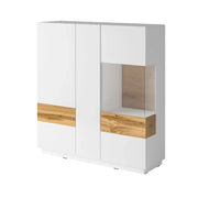 Credenza alta KILES a tre ante. Colori bianco e rovere. Stile design.