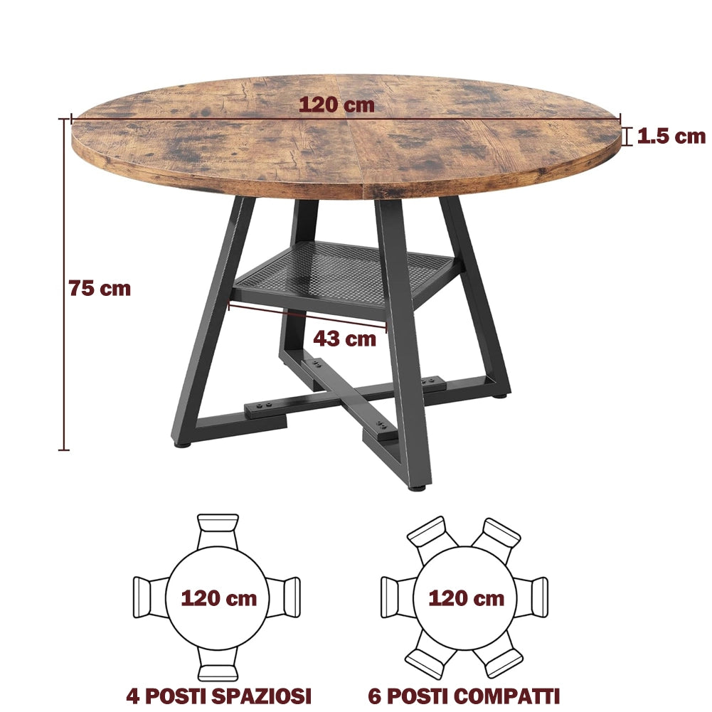Tavolo per Sala da Pranzo Tondo Ø120 cm Stile Industrial con Ripiano Effetto Legno