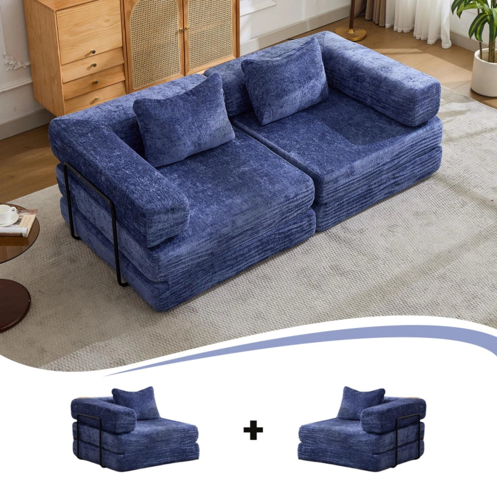 Divano compatto, divano letto pieghevole, moduli senza struttura, tessuto chenille, blu scuro