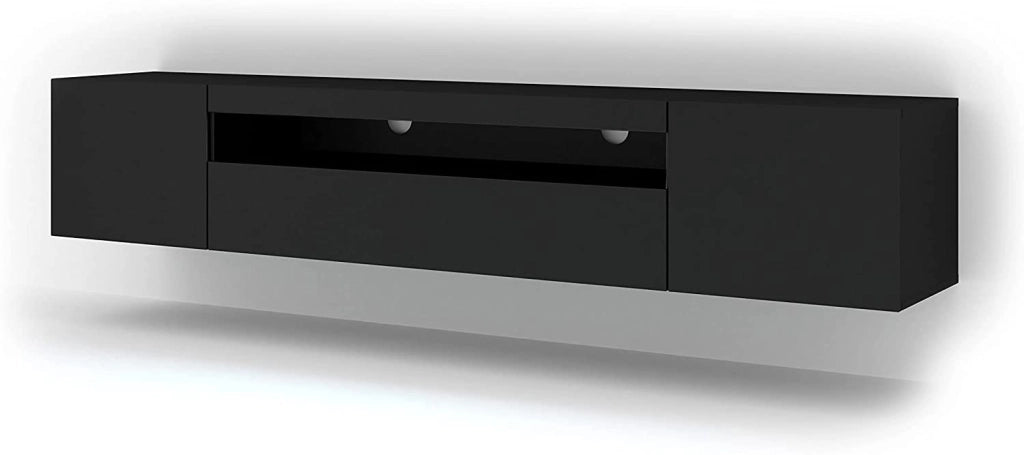 Mobile TV Aura con LED integrato 200x37x42H Cm mobile sospeso o a terra con piedi colore Nero Opaco