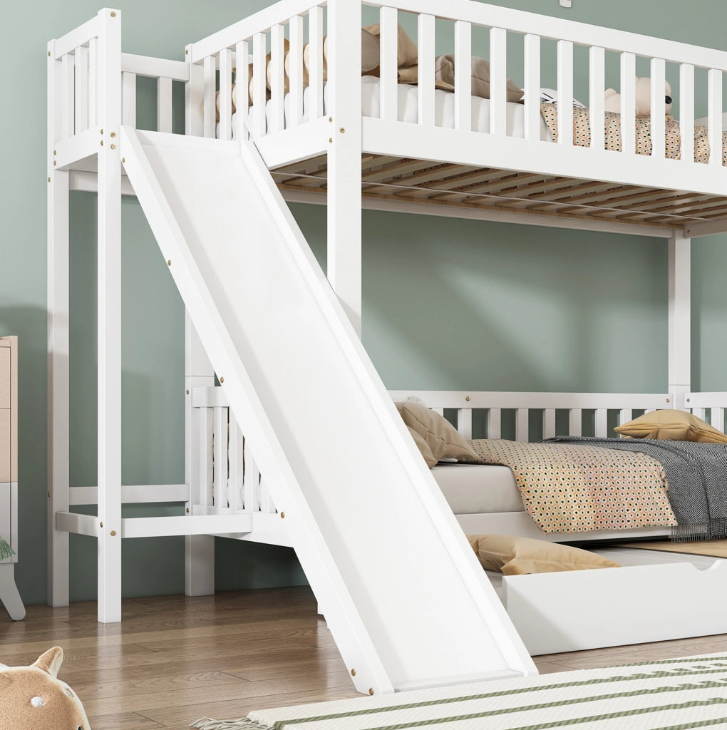 Letto a castello bianco 90x200 cm con letto estraibile, scivolo e scale