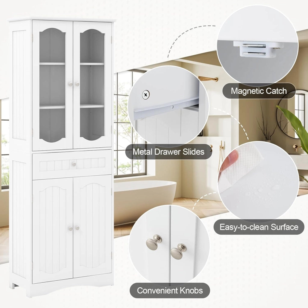 Mobile da Bagno a Terra, Armadietto da Bagno Alto, Mobiletto da Bagno Moderno, con 4 Ante in Vetro e 1 Cassetto, Ripiani Regolabili in Altezza, Ampio Spazio di Stoccaggio per Casa (Bianco)
