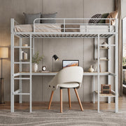 DESMIU Letto a soppalco 90 × 200 cm 1 posto con scrivania, 4 mensole e libreria, senza materasso, in metallo, bianco