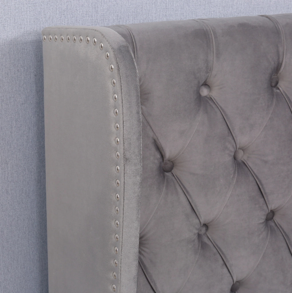 Letto imbottito matrimoniale in velluto grigio con contenitore