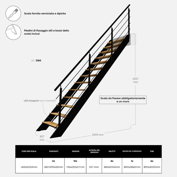 SPECTRA - Scala dritta in legno con LED integrati, nera con balaustra