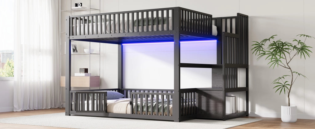 Letto a castello 140 × 200 cm con LED scala contenitore sponde protettive in metallo e MDF nero