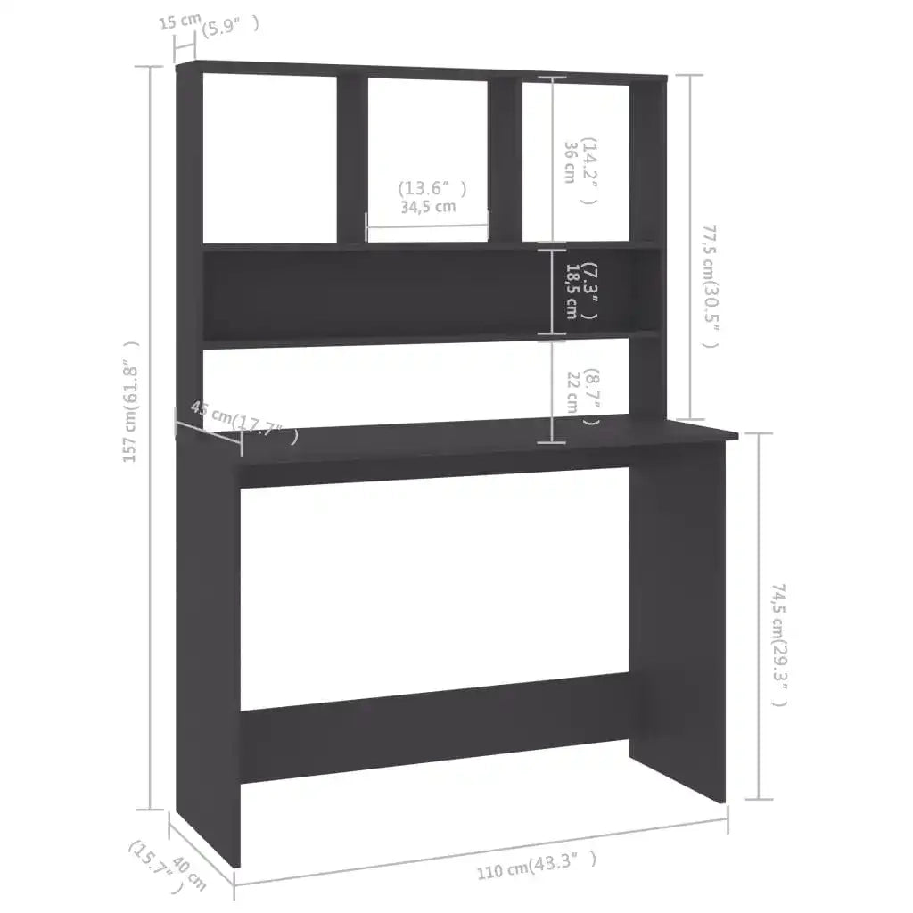 Scrivania | Tavolo da Ufficio con Mensole Grigia 110x45x157 cm in Legno Multistrato