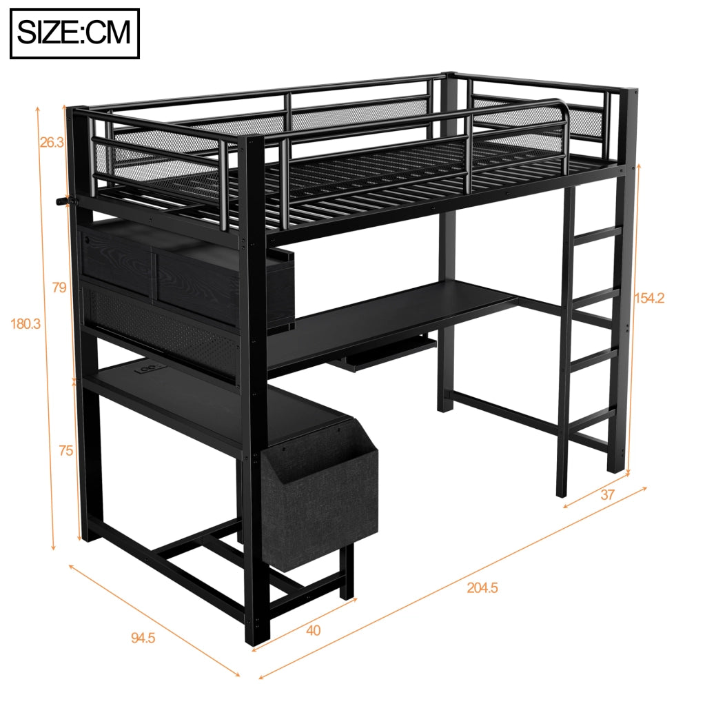 Letto a soppalco 90x200 cm con scrivania, LED e ricarica USB
