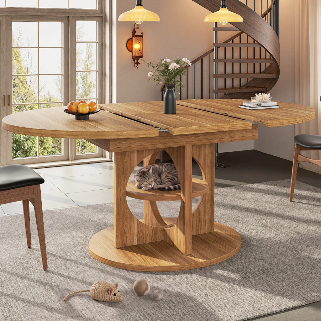 Tavolo allungabile con ripiano centrale, forma tonda e ovale, per sala da pranzo, in MDF, effetto legno stile moderno