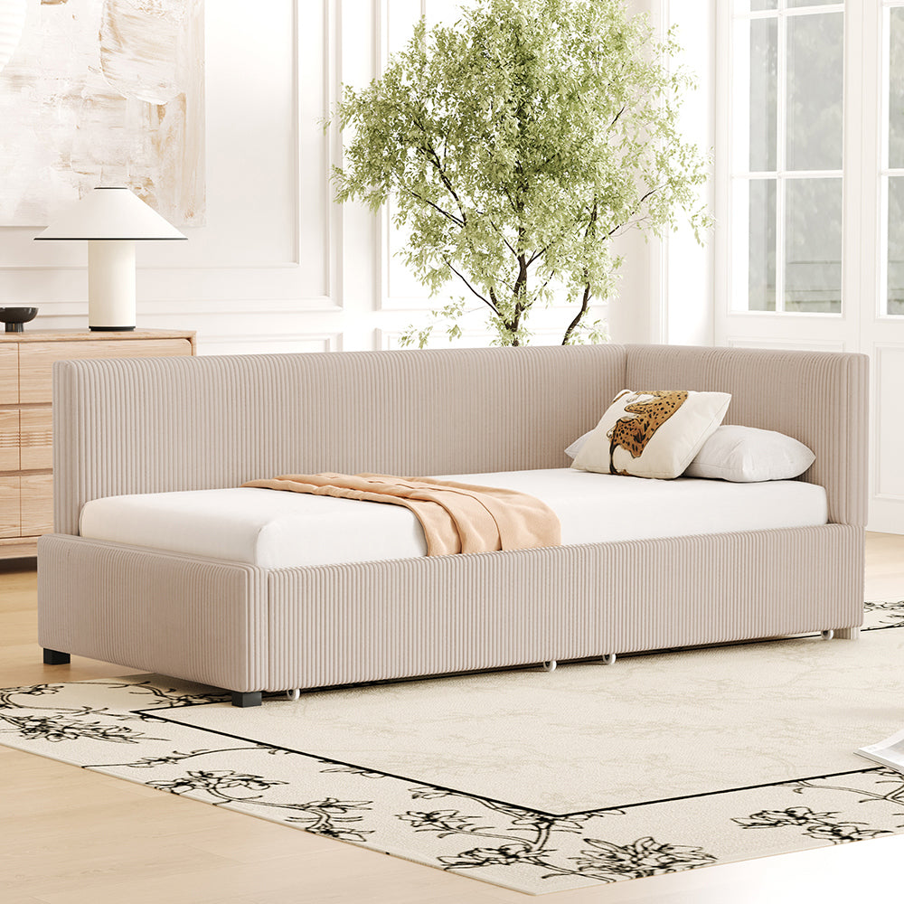 Letto a panca con 2 grandi cassetti - Xylo - 90x200 cm - Beige - Con rete a doghe
