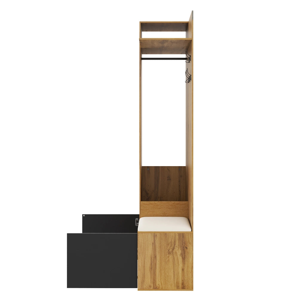 Ensemble de meubles de salon appendiabiti, specchio, panca portascarpe, MDF nero e naturale