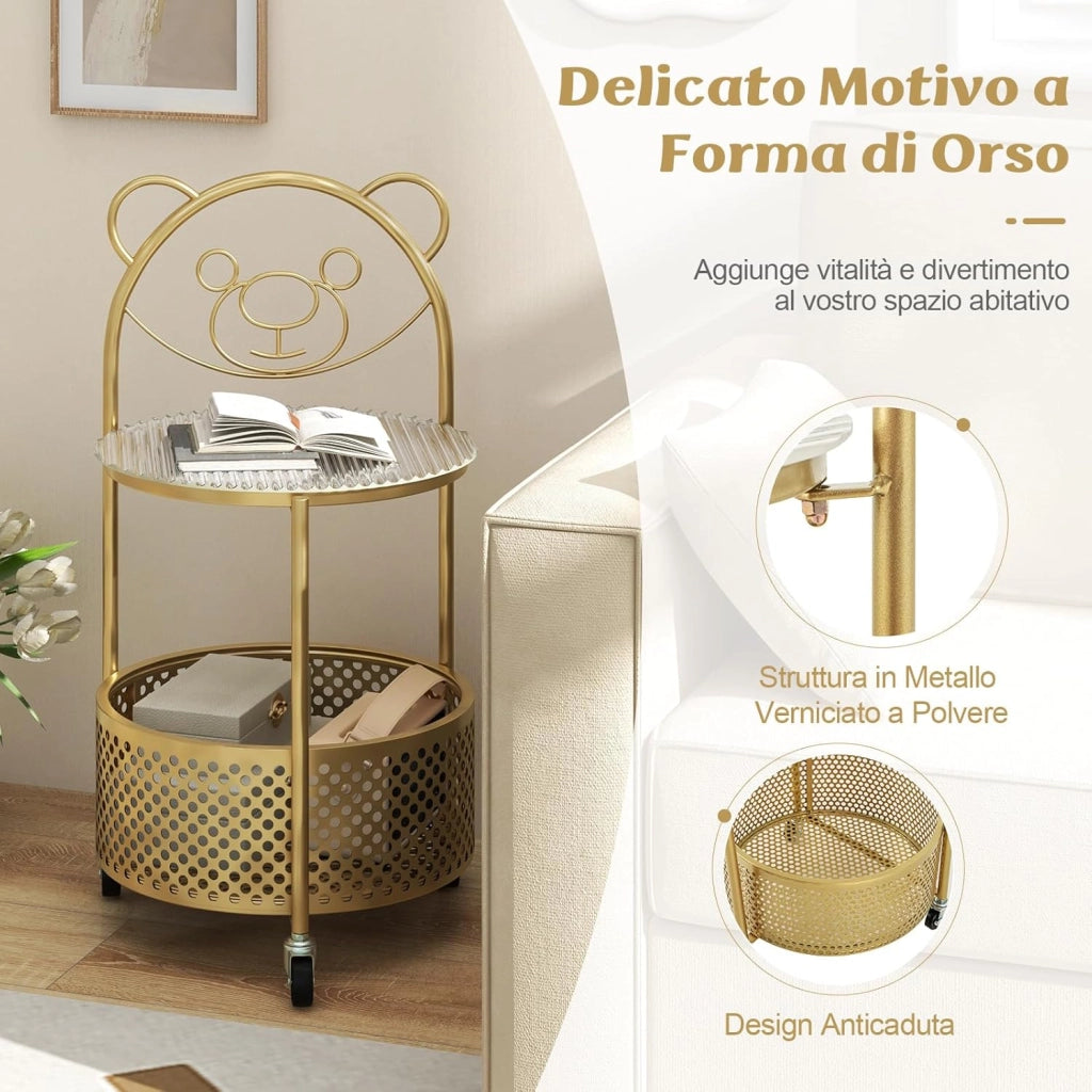 Tavolino da Caffè in Vetro, Tavolino Laterale a 2 Piani con Ruote, Motivo ad Orso, Cestino e Struttura in Metallo, Tavolino per Soggiorno, Camera da Letto e Studio (Oro)
