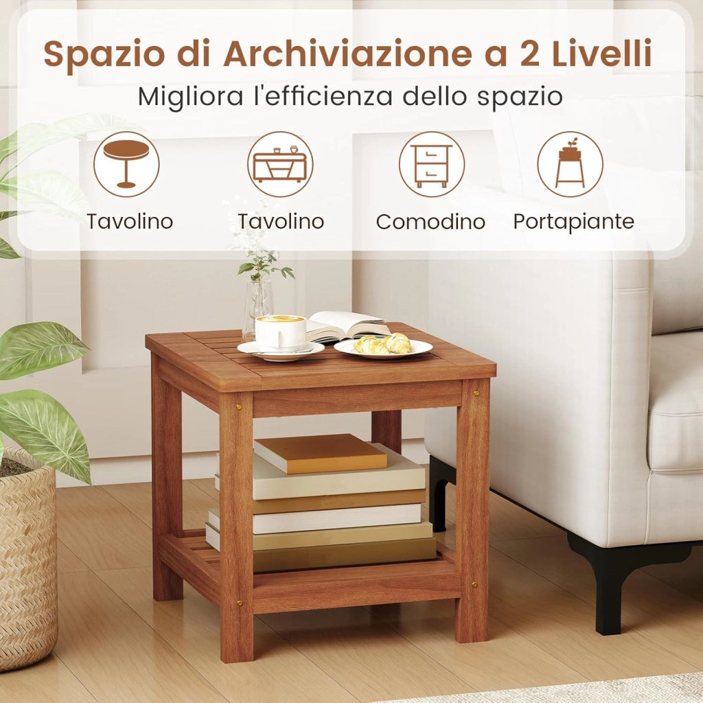 Tavolino Laterale da Esterno a 2 Livelli, Tavolino da Caffè in Legno Massello con Ripiano Portaoggetti, Tavolo Quadrato in Stile Rustico per Patio, Giardino, Veranda e Soggiorno