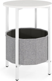 Tavolino rotondo a 2 livelli, tavolino da caffè con cesto portaoggetti in tessuto, telaio in metallo, tavolino per soggiorno, camera da letto, ufficio, 44 x 44 x 60,5 cm (bianco+grigio)