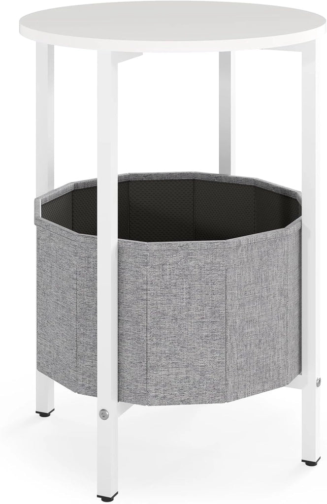 Tavolino rotondo a 2 livelli, tavolino da caffè con cesto portaoggetti in tessuto, telaio in metallo, tavolino per soggiorno, camera da letto, ufficio, 44 x 44 x 60,5 cm (bianco+grigio)