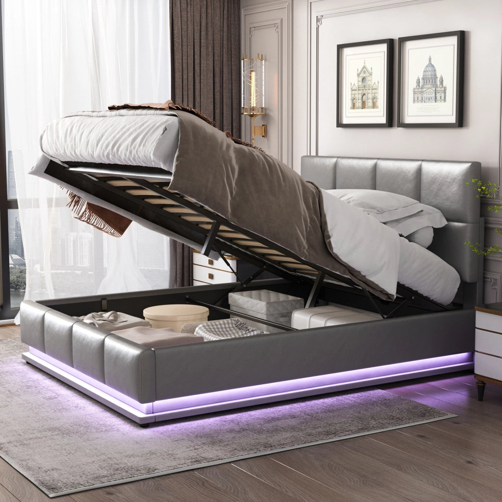 Letto contenitore matrimoniale 140×200 cm con LED e rete sollevabile; senza materasso; grigio