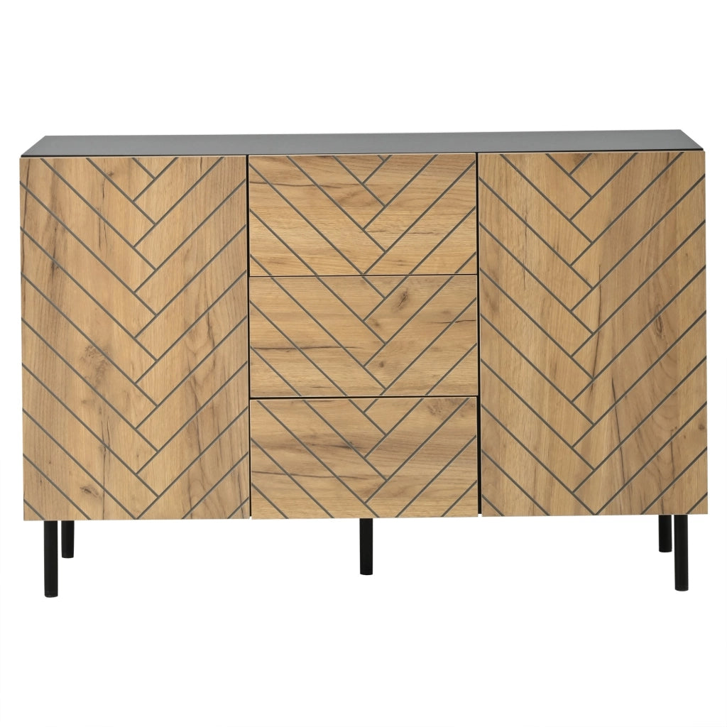 Credenza, 120 x 40 x 76 cm, in truciolato, 3 cassetti, finitura effetto legno, color legno naturale e nero