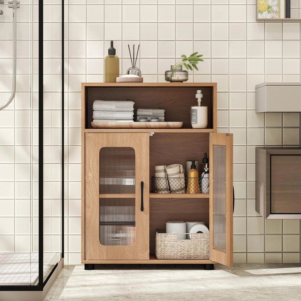 Armadietto da bagno con scomparto aperto, 2 ante e ripiano regolabile, armadio da pavimento per cucina e soggiorno, 60 x 30 x 83 cm (naturale)