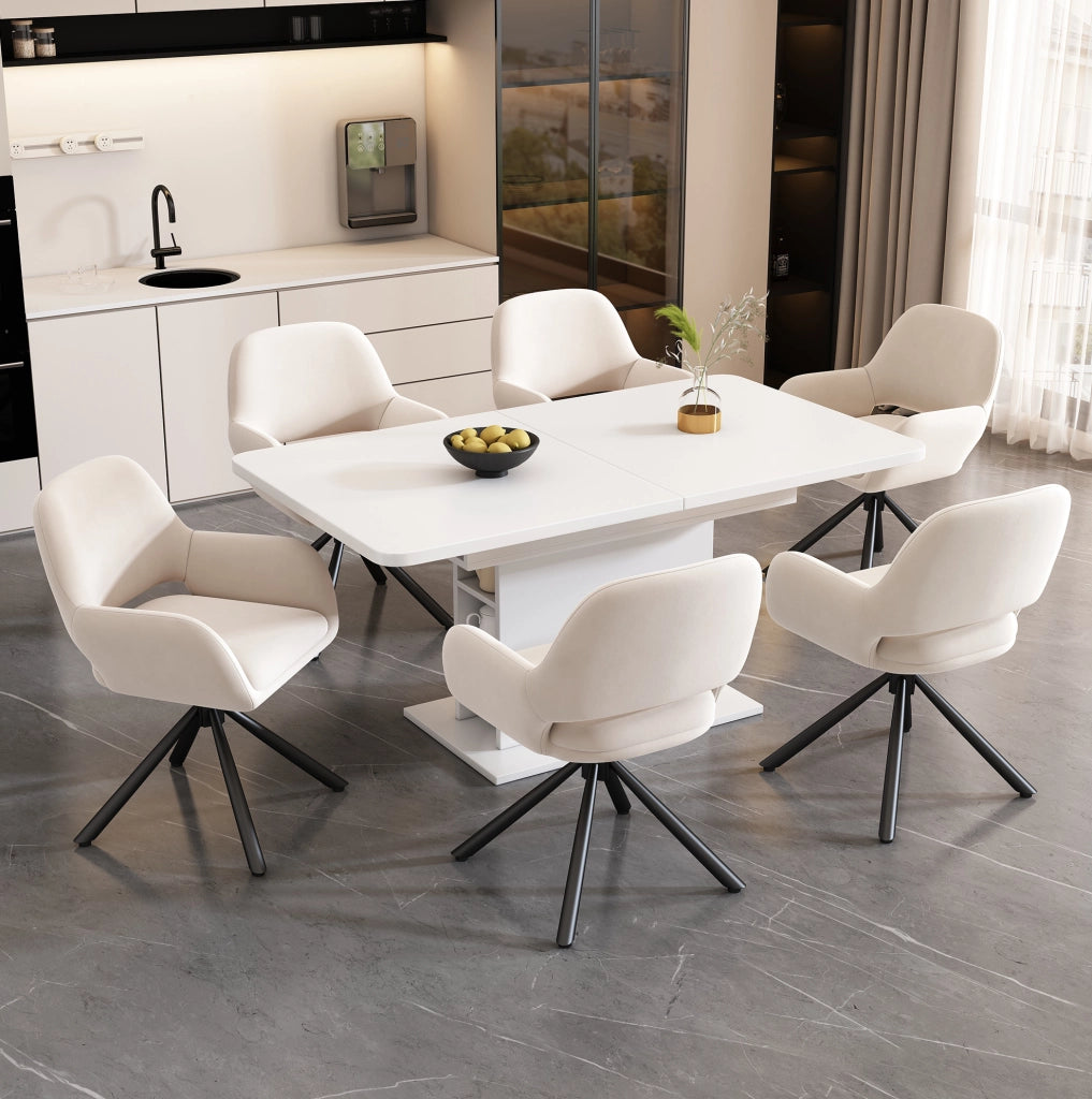 Set da pranzo beige con tavolo estensibile e sedie in velluto
