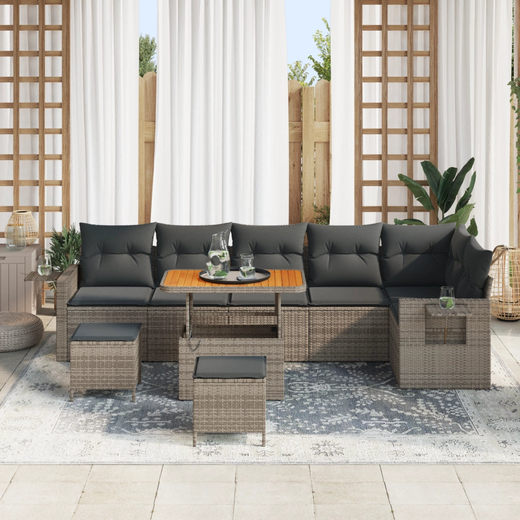 Set Divano da Giardino con Cuscini  9 Pezzi Grigio Polyrattan Acacia
