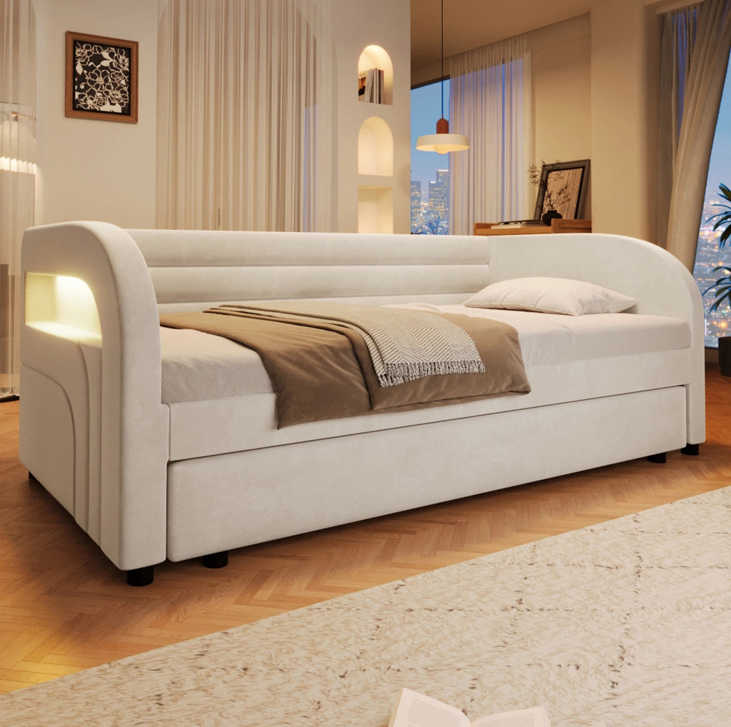Letto imbottito singolo 90x200 cm con letto estraibile e LED laterale; flanella beige