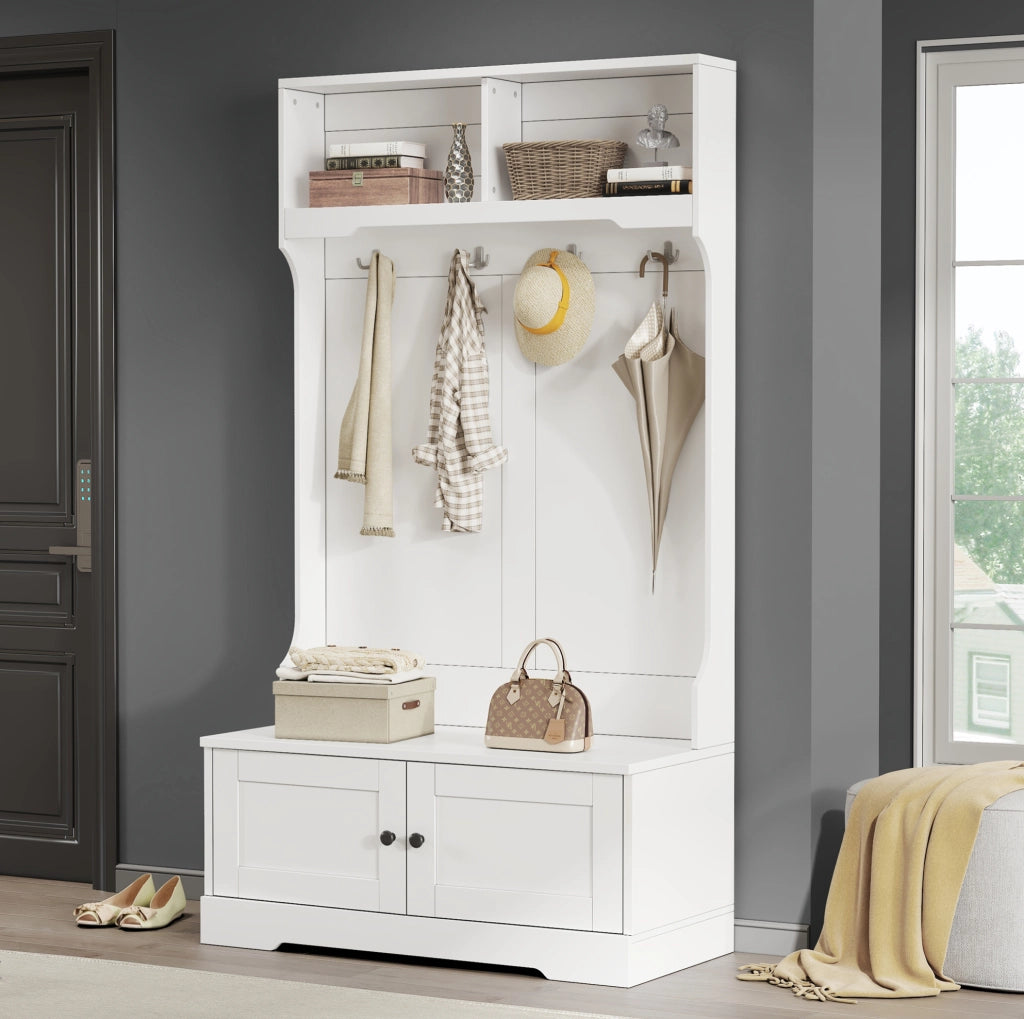 Mobile da ingresso con panca 101，5x47x183 cm bianco， 4 ganci， 2 vani