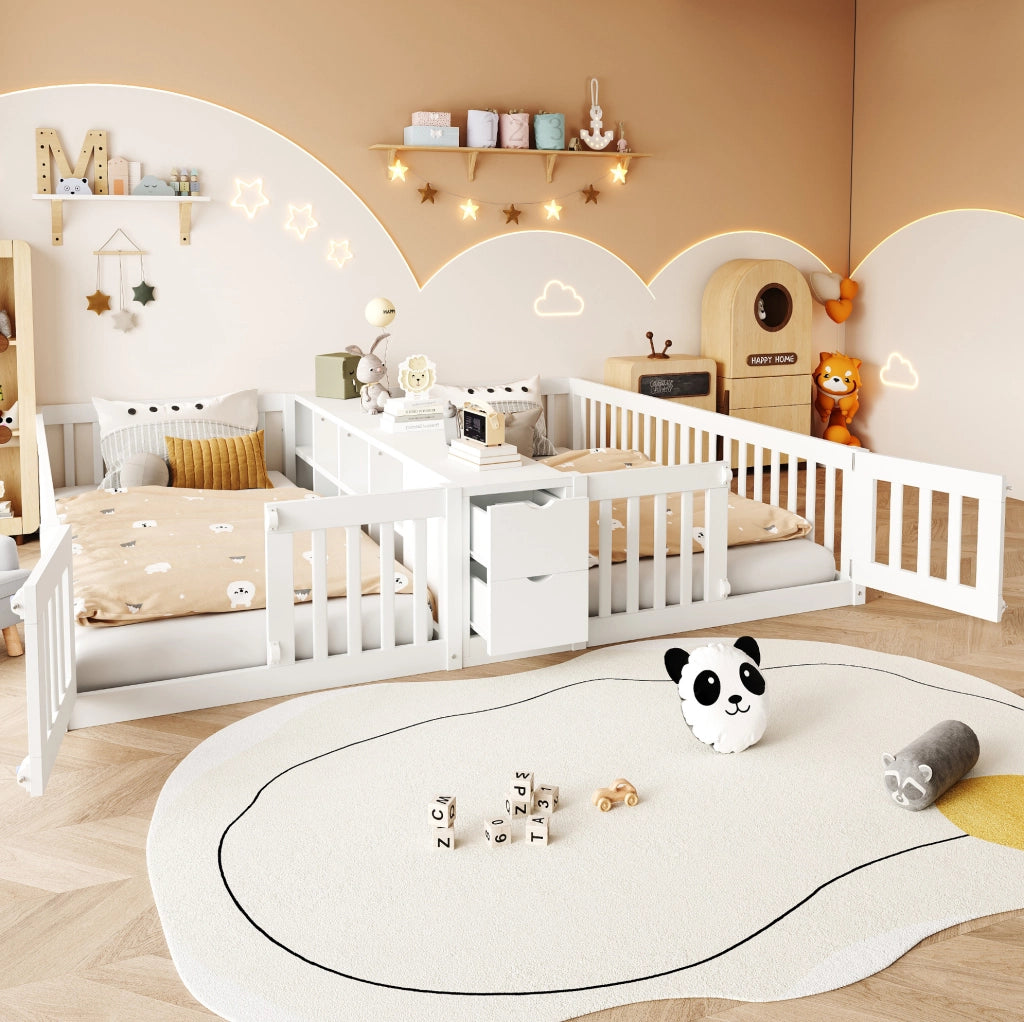 Letto doppio per bambini 90x200 cm con cassetti e ripiani