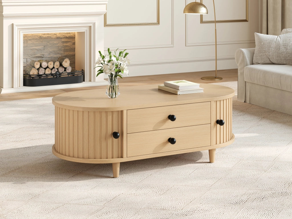 Tavolino basso con 2 cassetti e ante scorrevoli, in MDF con gambe in legno massello, per soggiorno, 100 × 50 × 36 cm