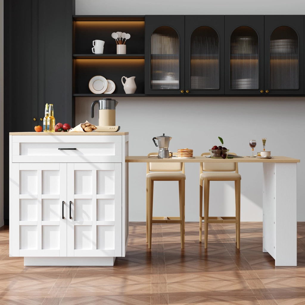Tavolo bar 133-202x70x93.5 cm allungabile con contenitore e ripiani in MDF bianco