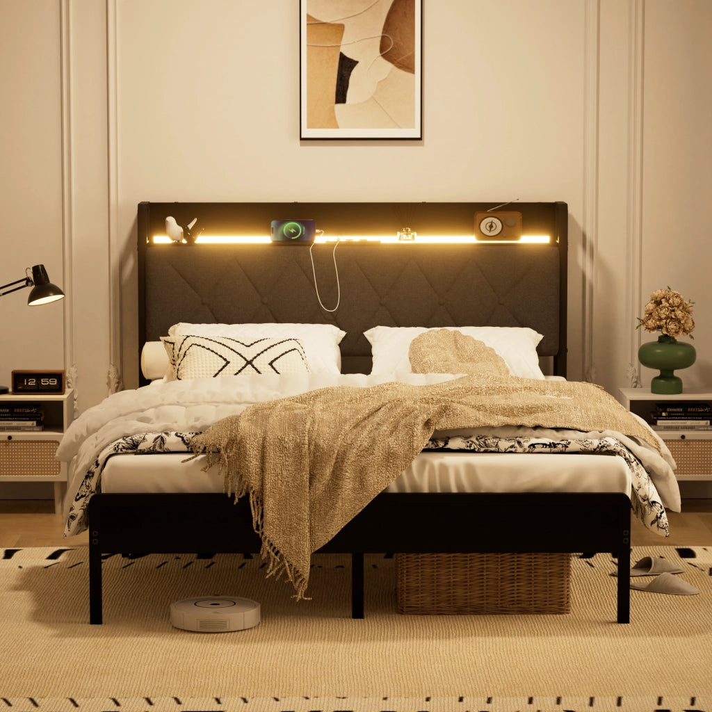 Letto imbottito 140x190 grigio scuro con 2 prese 2 USB testiera e vano contenitore