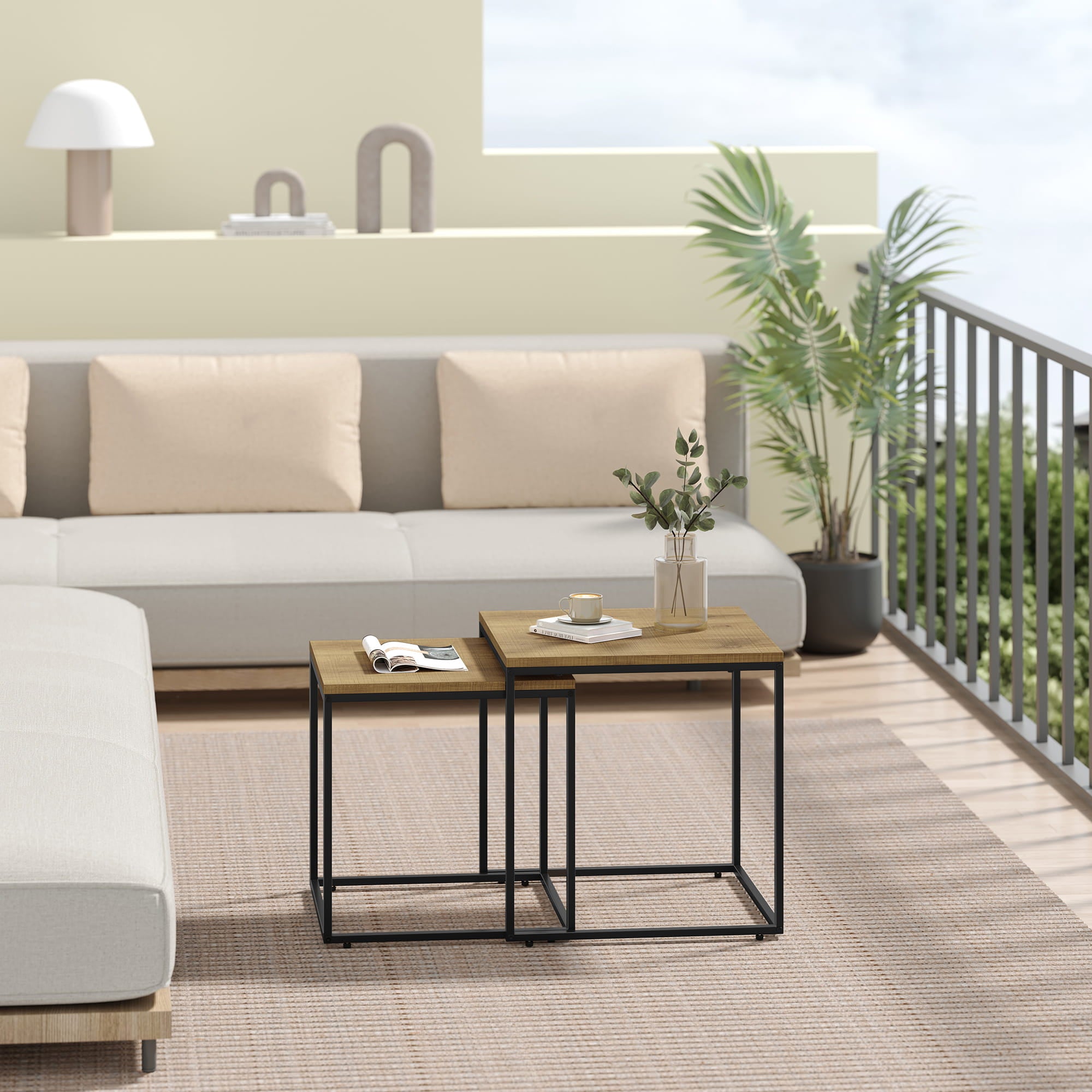 Tavolino da caffè quadrato Valora, set da 2 | Piano in rovere con gambe nere